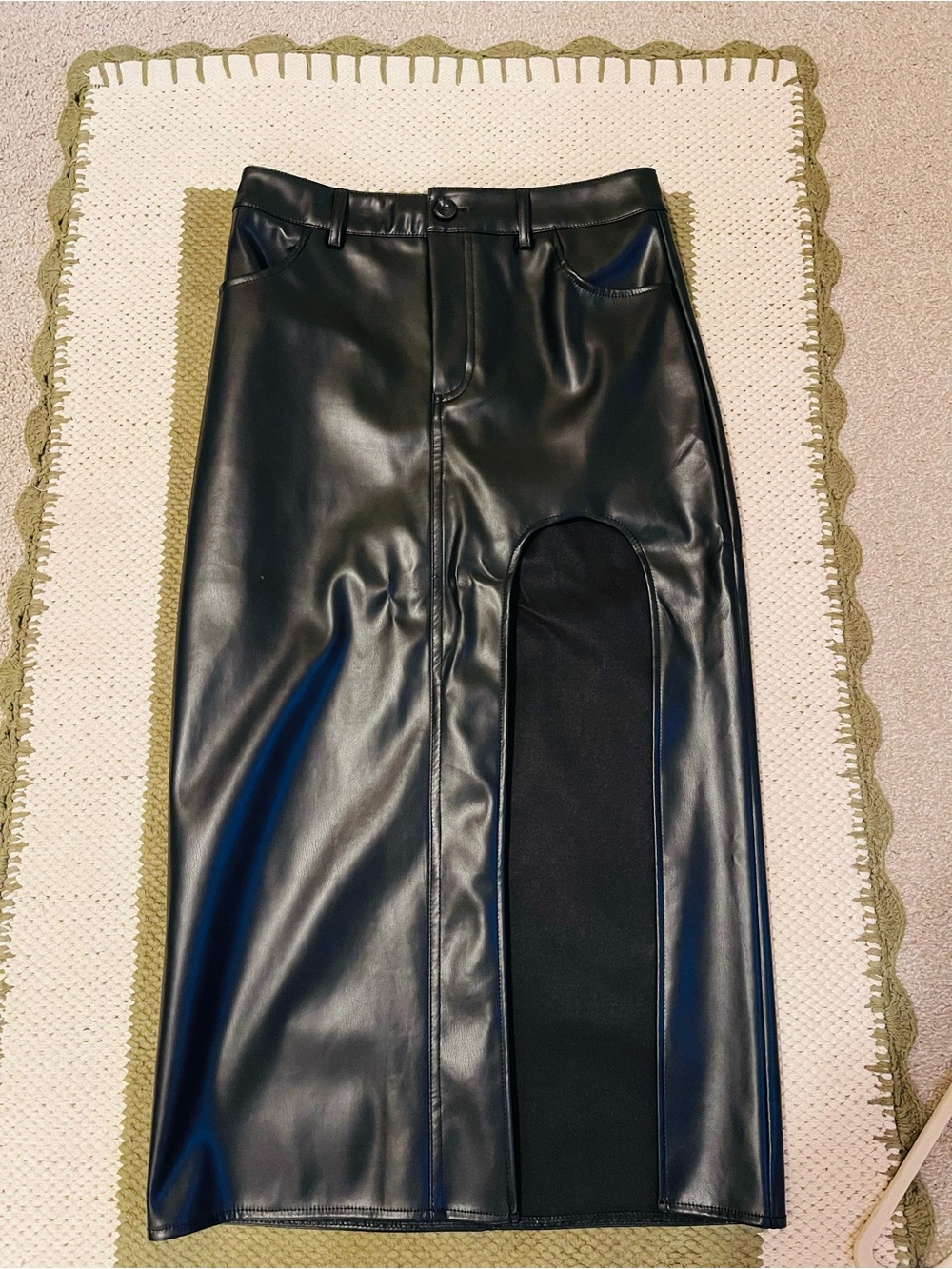 Black Faux Leather Midi Skirt with Contrast Panel